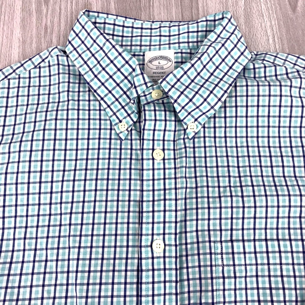 Brooks Brothers 1818 Regent Fit Shirt Mens Large Teal Navy Blue Check Cotton L